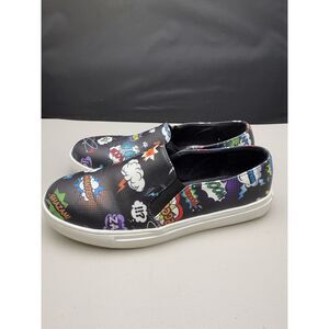 Wanted Cartoon Print Unisex Slip On Sneakers Womens‎ 6.5 Black Comic Book Shazam